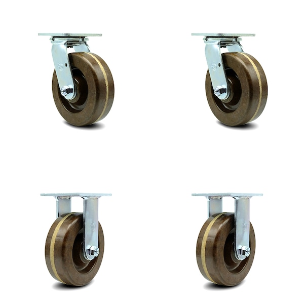 6 Inch High Temp Phenolic Caster Set with Roller Bearings 2 Swivel 2 Rigid SCC